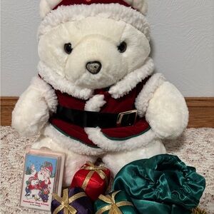 1998 Santa Teddy Bear with bag and 3 gifts.